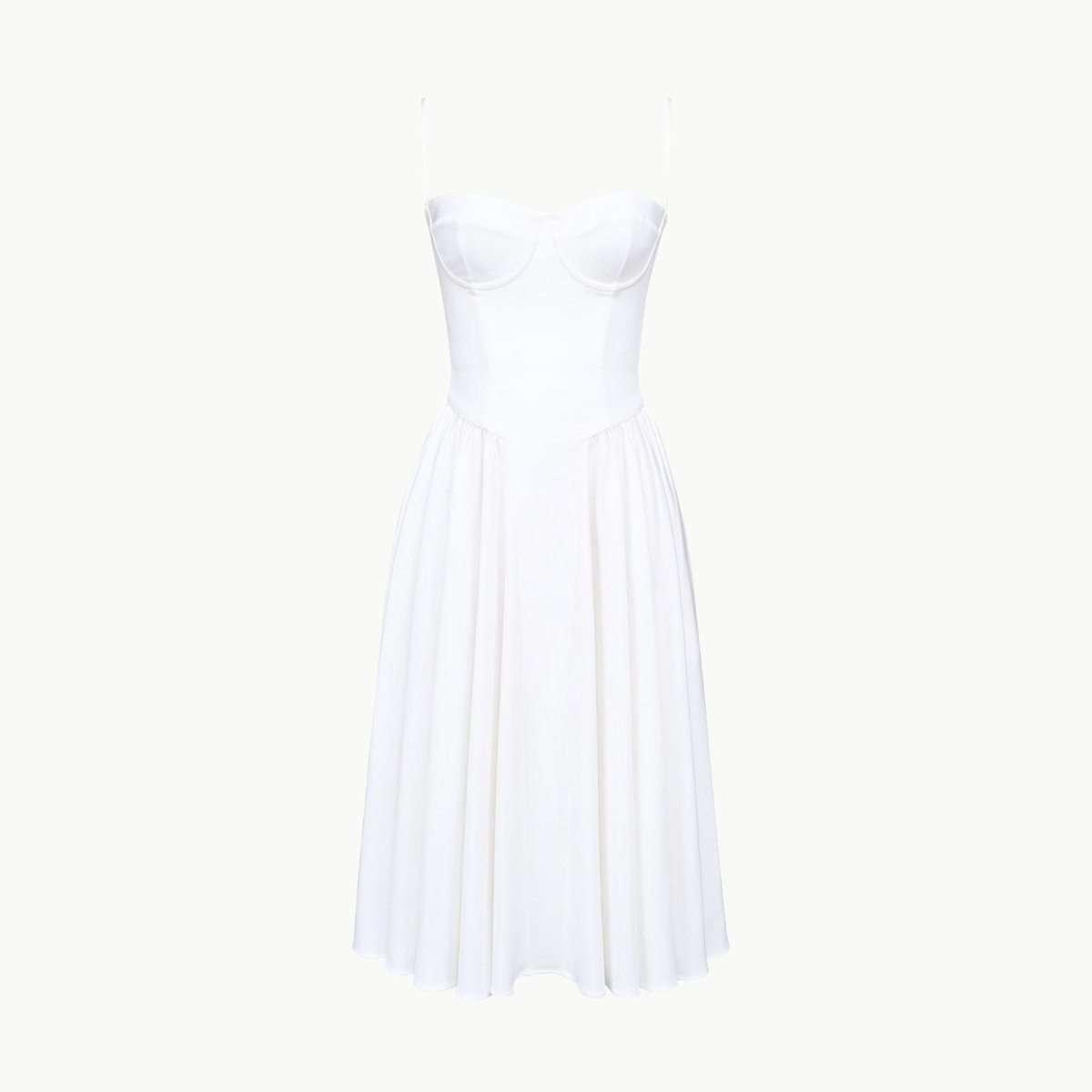 Product-only photo of the Kouvr Fashion Evdokia white bustier midi dress on a white background, front view.