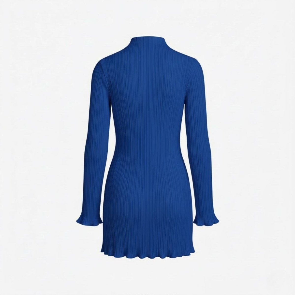 Back view of the Kouvr Fashion Agathe royal blue mock neck sweater dress on a white background, detailing the seamless construction.