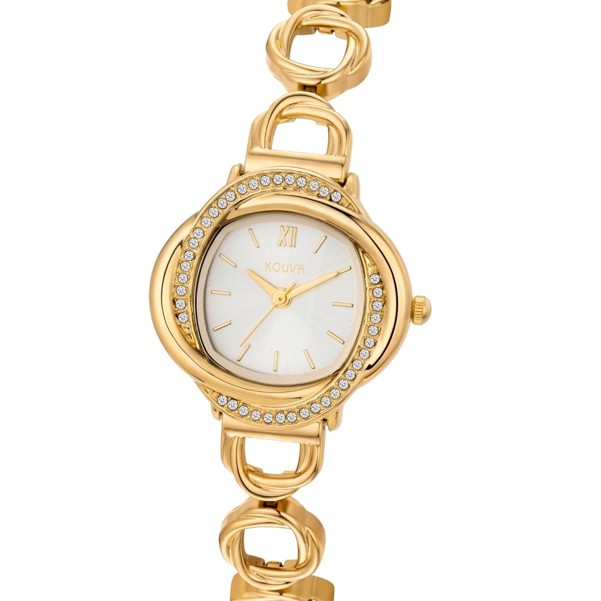 Gold kouvr wristwatch with a white face on a white background