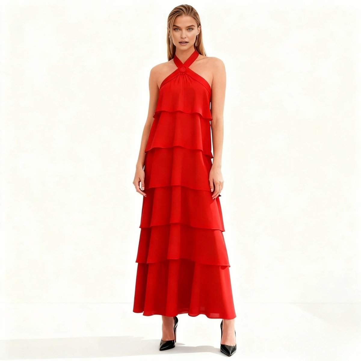 Red Kouvr tiered dress worn by a model on a white background