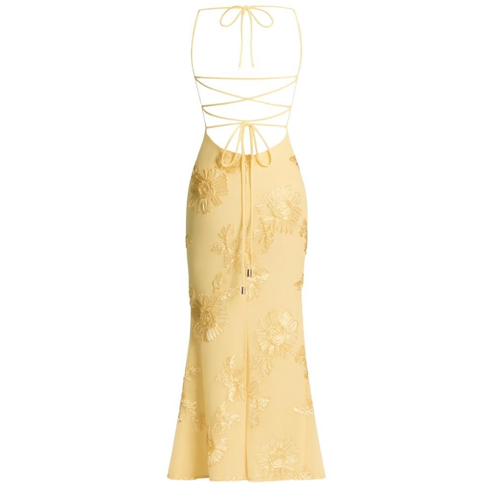 Yellow kouvr lace dress with a halter neck design on a white background