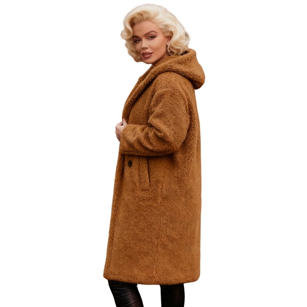 plush silhouette," "statement outerwear," "winter wardrobe essential," and "cocoon coat