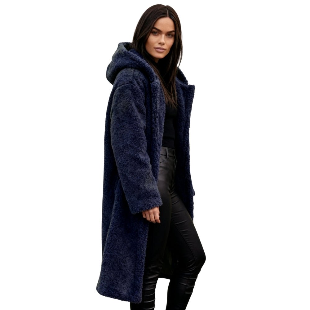 plush fleece jacket", "cozy outerwear", "faux fur long coat", "luxury winterwear", "designer teddy coat", "warm longline jacket