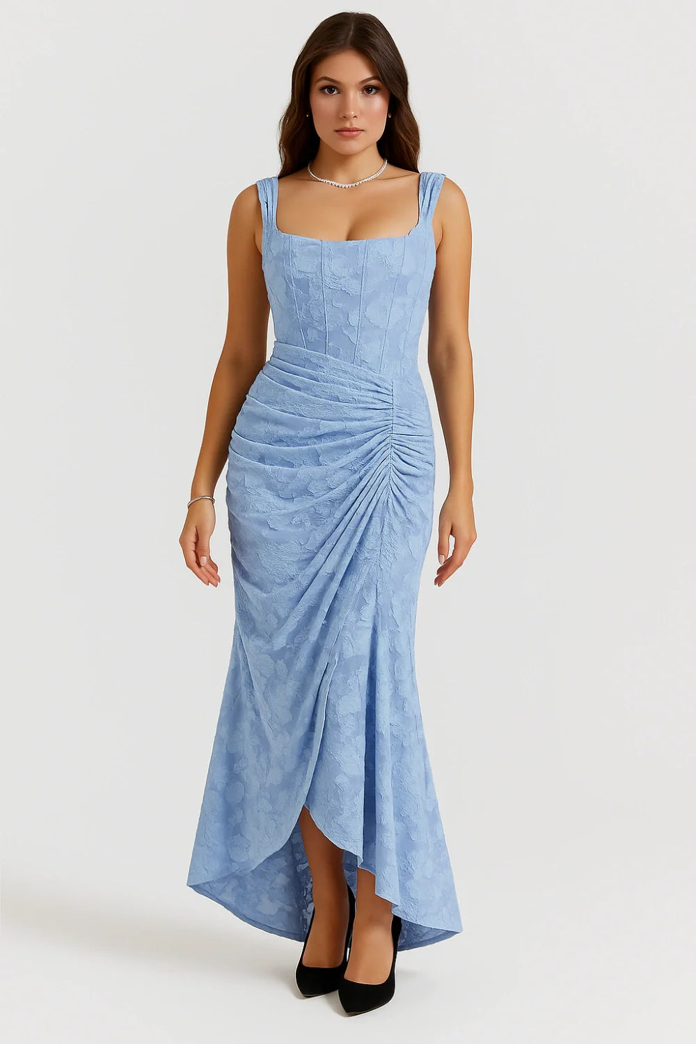 Kouvr Fashion Arabella blue floral jacquard corset midi dress on model