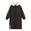 Flat lay of the Kouvr Arianne long puffer coat in black, showing the diamond-quilted texture, cream sherpa hood, and stripe details on sleeves and hem.