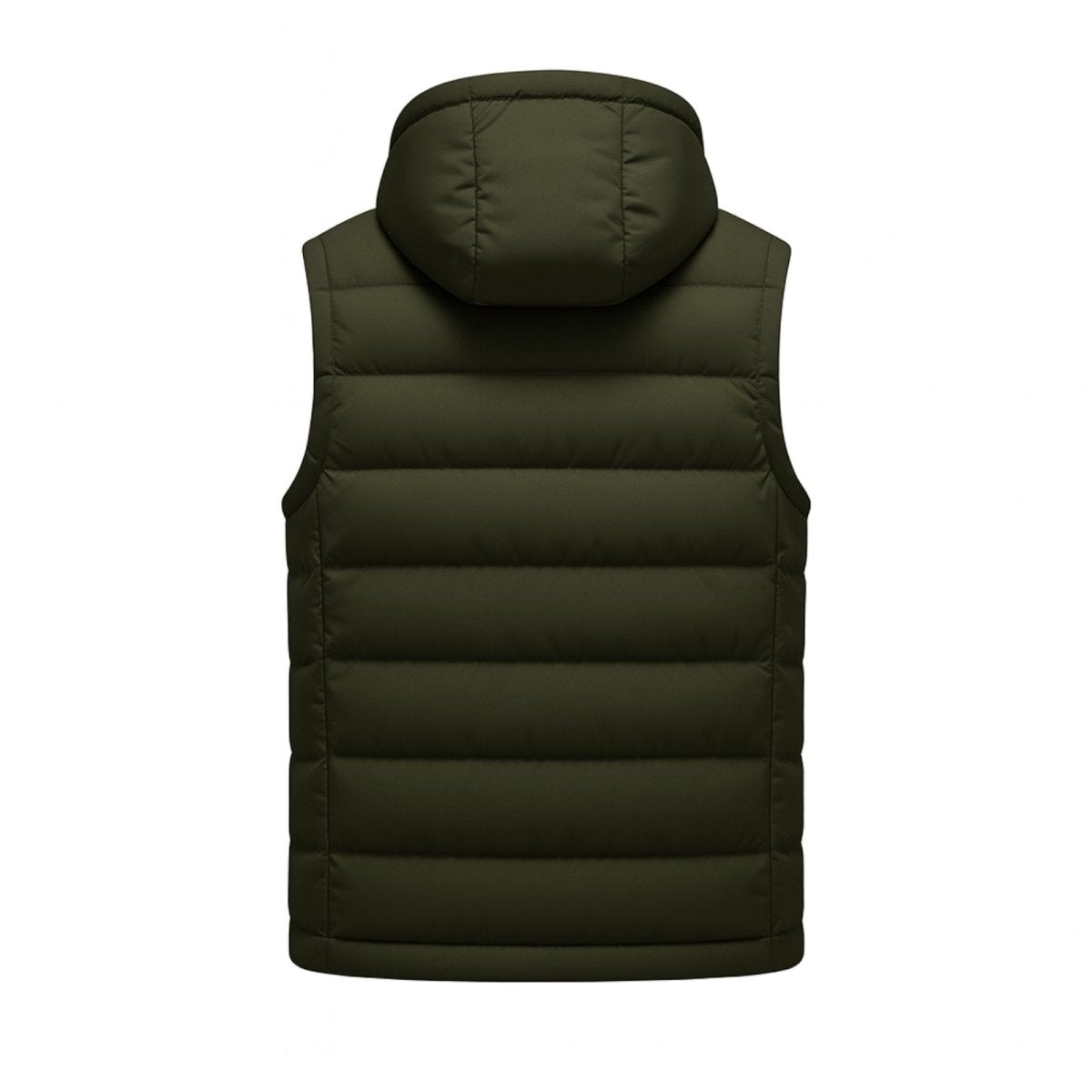 Flatlay product shot showing the back of the Kouvr Fashion men's army green quilted vest and hood.