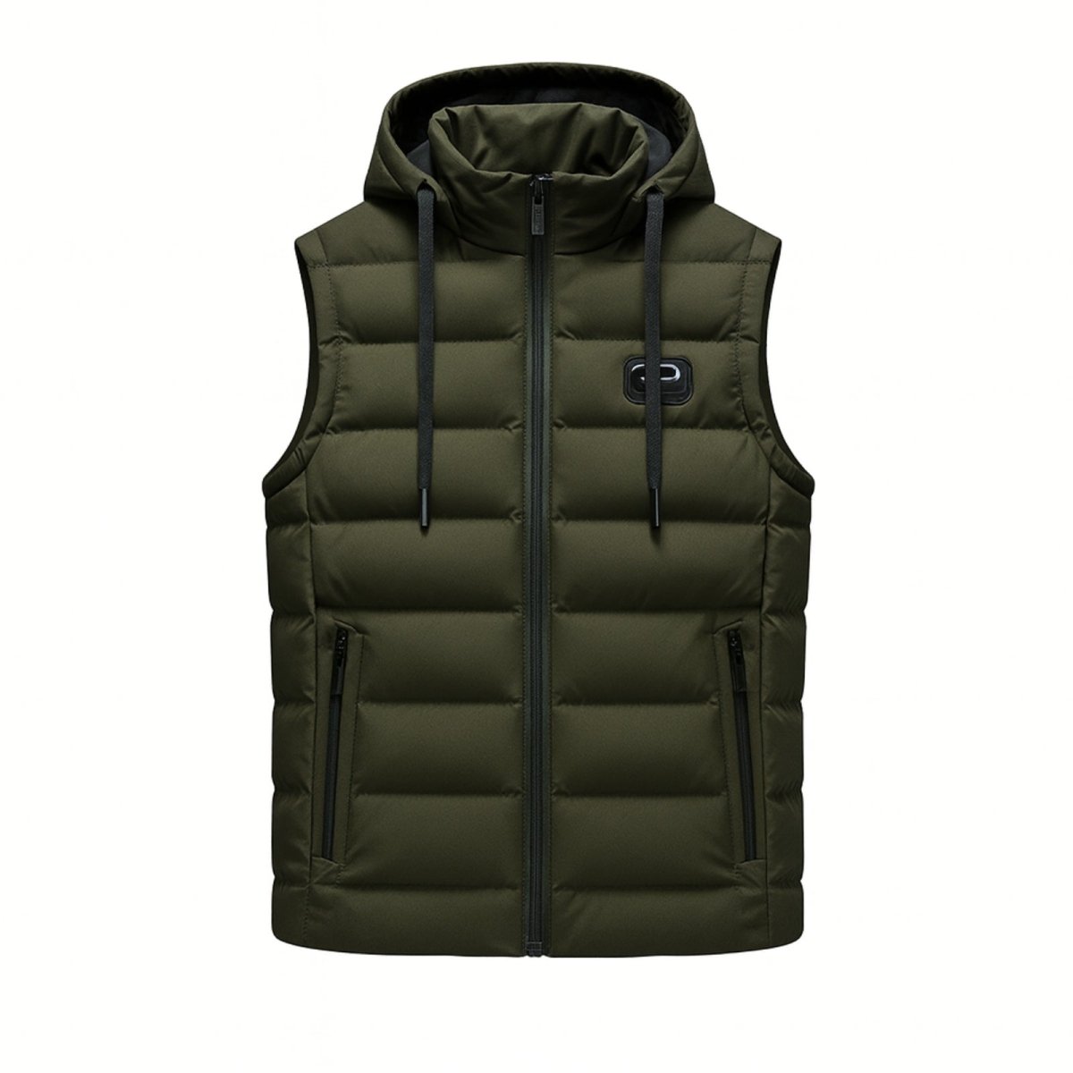 Flatlay product shot of the Kouvr Fashion men's army green hooded puffer vest, zipped up.