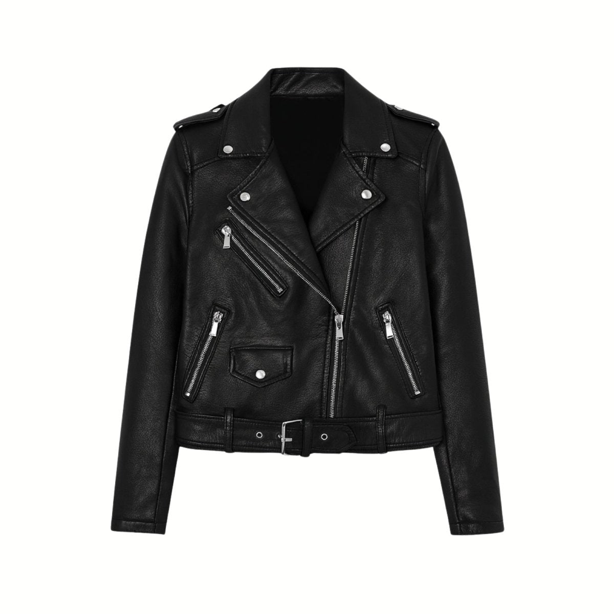 Product-only shot of the Kouvr Fashion black faux leather moto jacket on a white background, front view, zipped up.