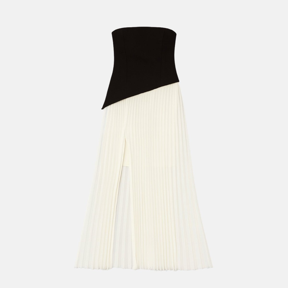 Black and white dress with pleated skirt on a light gray background