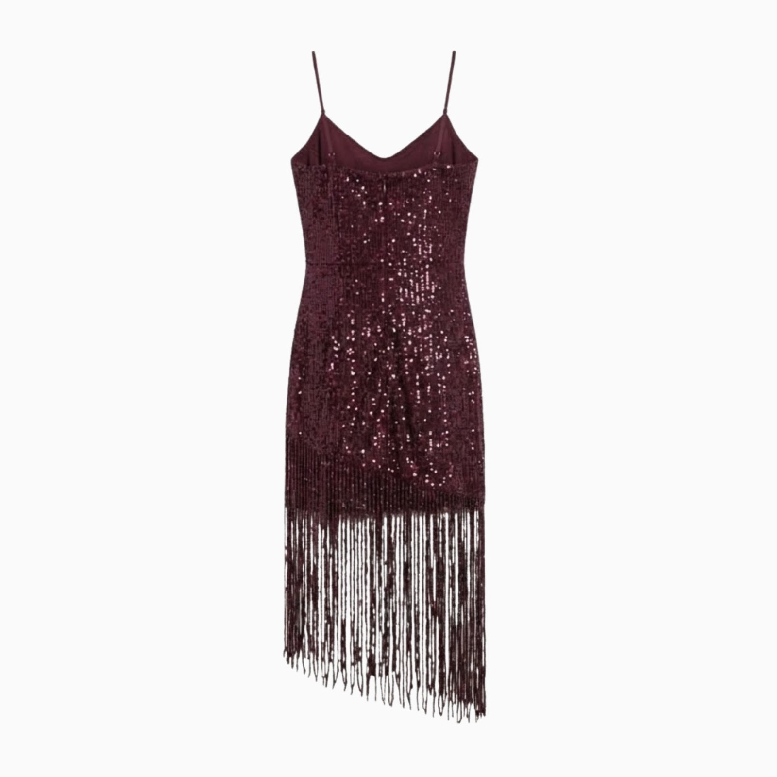 Flat lay product shot of the back of the burgundy sequin cocktail dress, showing the straight-across back and strap construction.