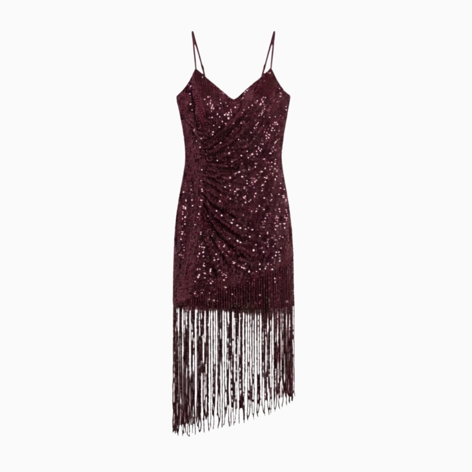 Flat lay product shot of the front of the burgundy sequin fringe dress, highlighting the V-neck and ruched detailing.