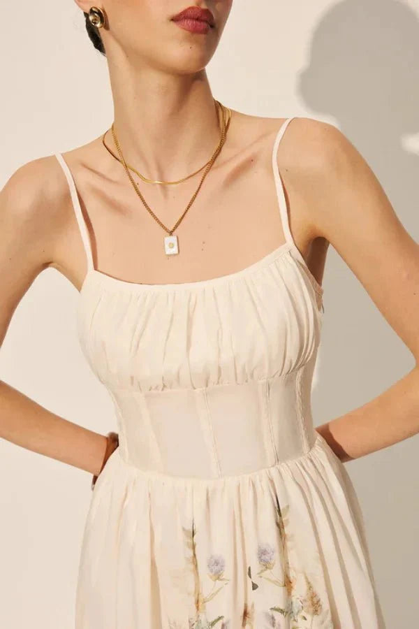 bustier gown," "romantic sundress," "ethereal aesthetic," "spaghetti strap A-line dress," and "ruched bodice dress