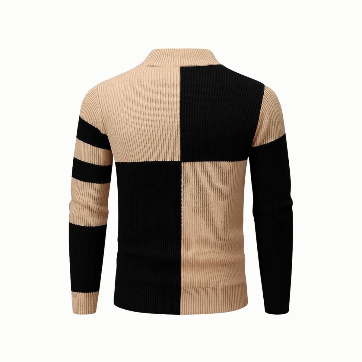 Product shot of the Kouvr Fashion men's beige and black color block turtleneck sweater on a white background.