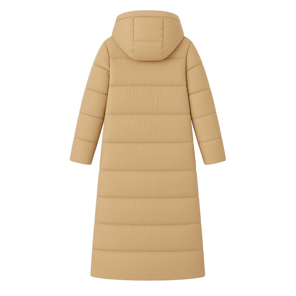 quilted outerwear," "thermal insulation," "cold weather essential," "winter parka," and "elegant down coat