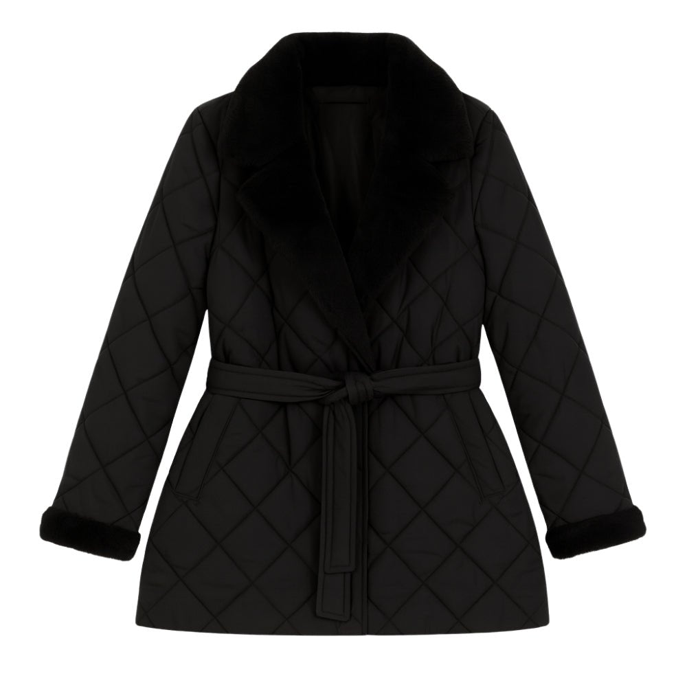 Diamond-stitch, puffer style, shawl collar, shearling trim, insulated outerwear, cold-weather essential, city coat