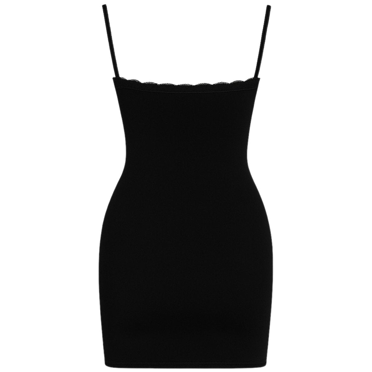 Black kouvr dress with thin straps on a white background