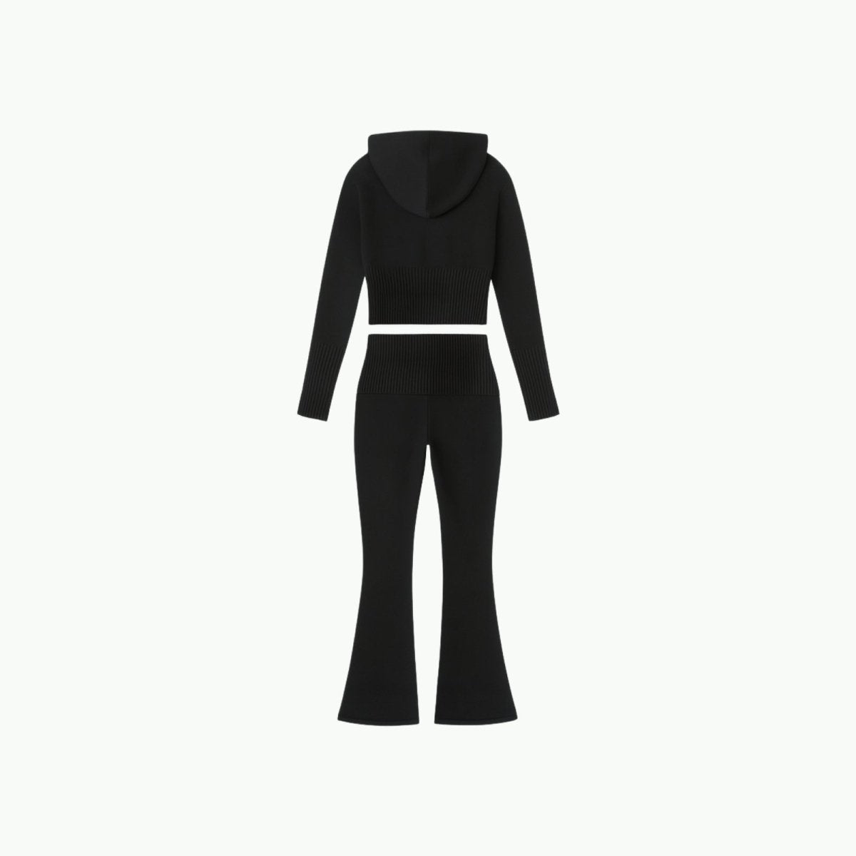 Back view flat lay of the Kouvr Fashion black knit loungewear set, showing the construction of the hoodie and pants.