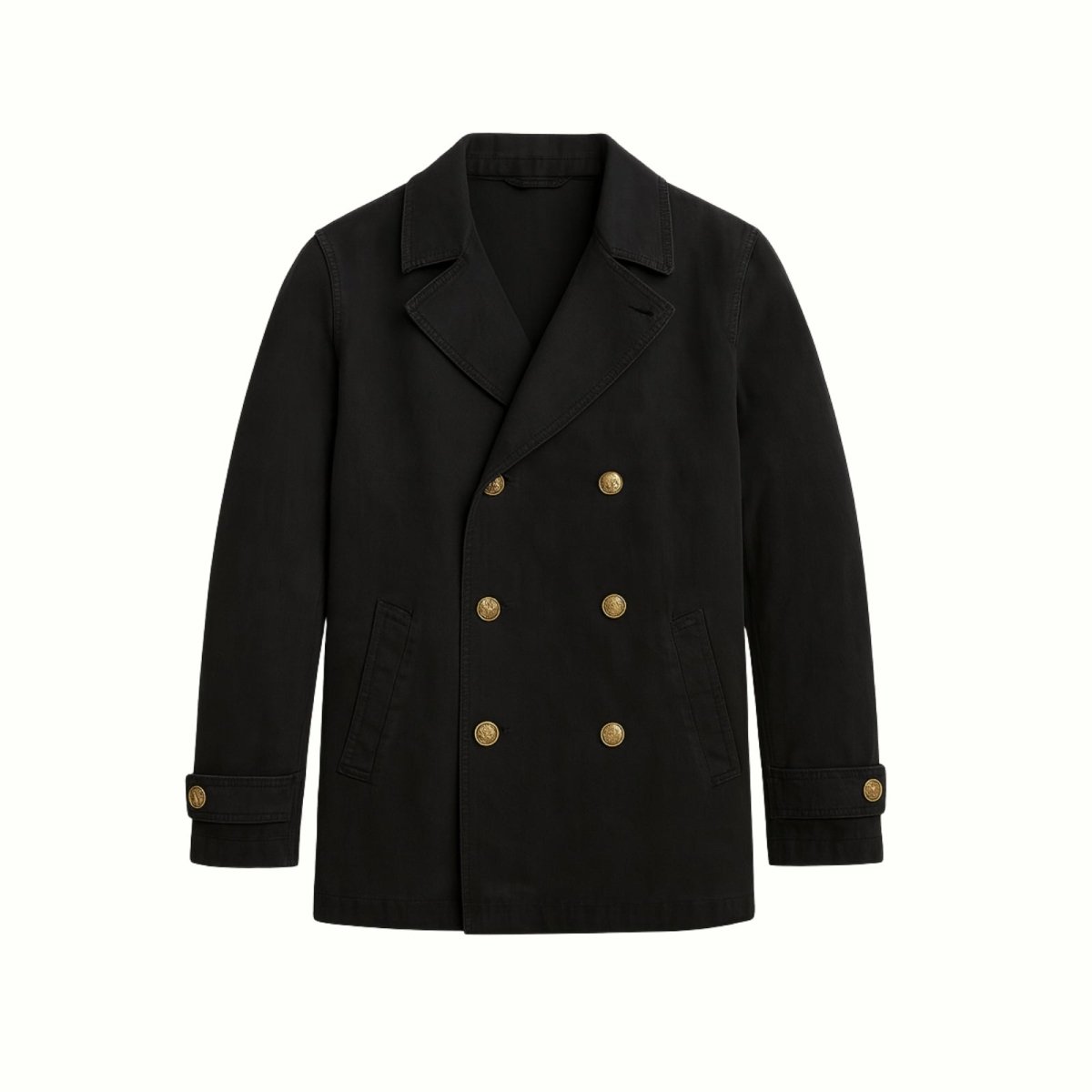 Close-up detail of the notched lapel and custom-cast gold naval buttons on the Kouvr Fashion men's black pea coat.