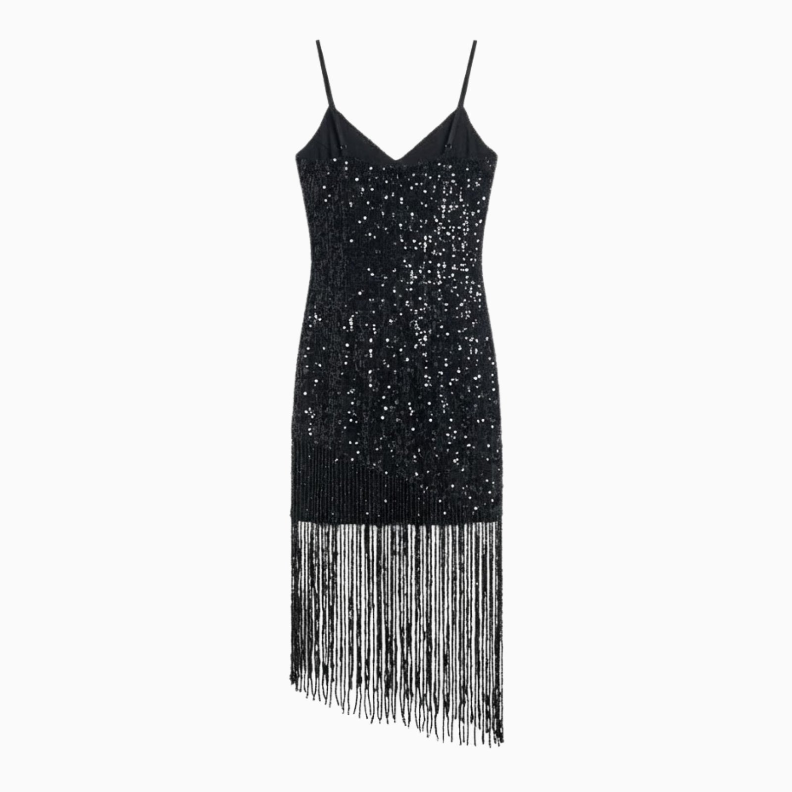 Product flat lay showing the back of the black sequin spaghetti strap dress by Kouvr Fashion.