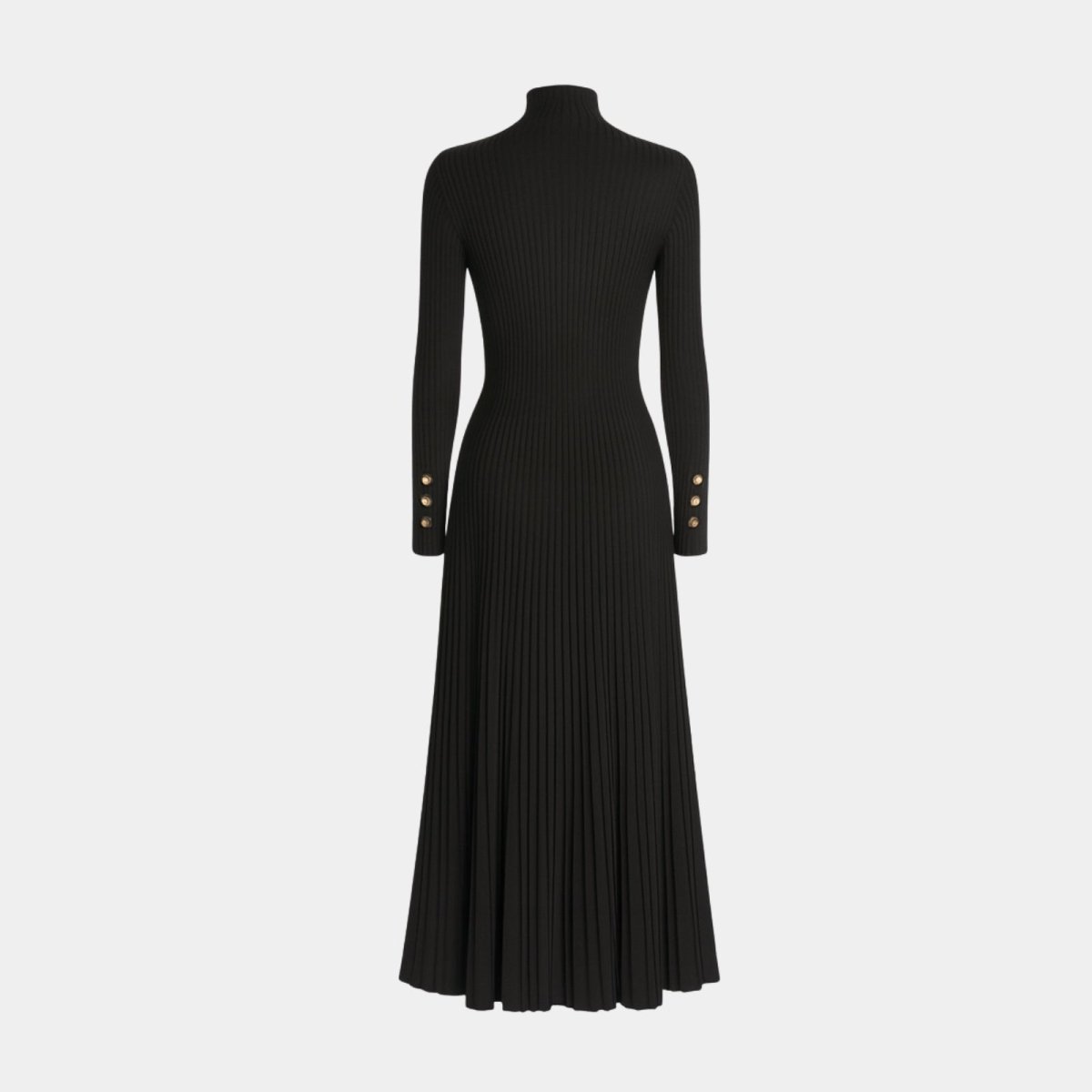 Flatlay of the Kouvr Fashion black turtleneck dress emphasizing the ribbed knit texture, pleated skirt, and gold cuff buttons.