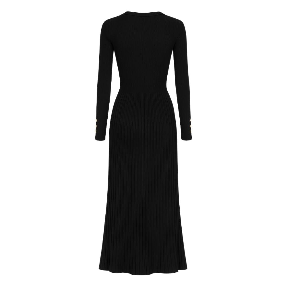 Kouvr Fashion Black Pleated Knit Long Sleeve Midi Dress