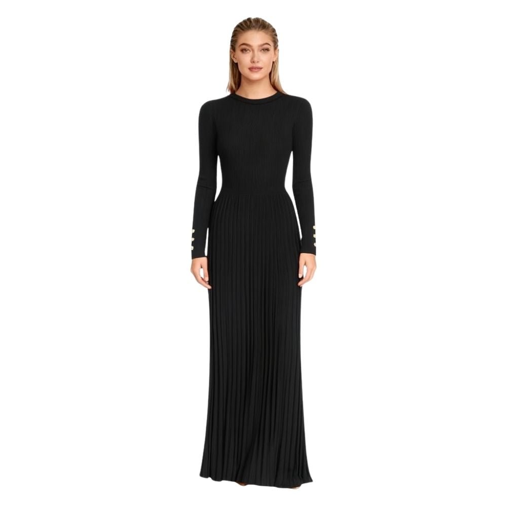 Kouvr Fashion Black Pleated Knit Long Sleeve Midi Dress