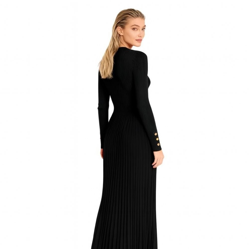 Kouvr Fashion Black Pleated Knit Long Sleeve Midi Dress