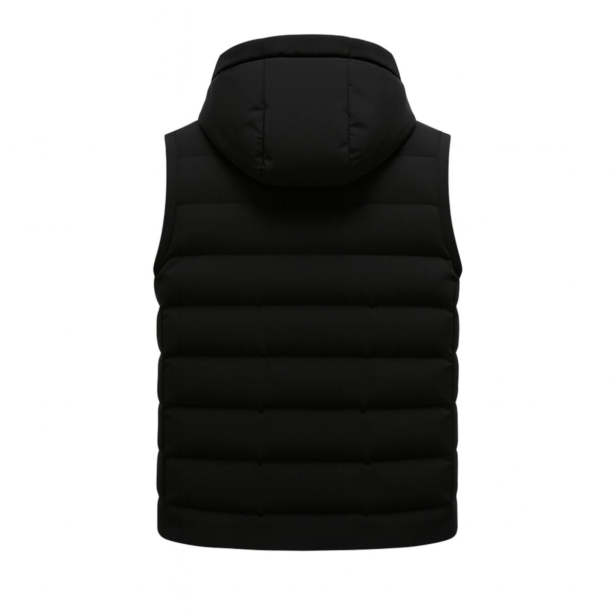 Back product shot of the Kouvr Fashion men's black hooded puffer vest on a white background showing the hood and quilting.