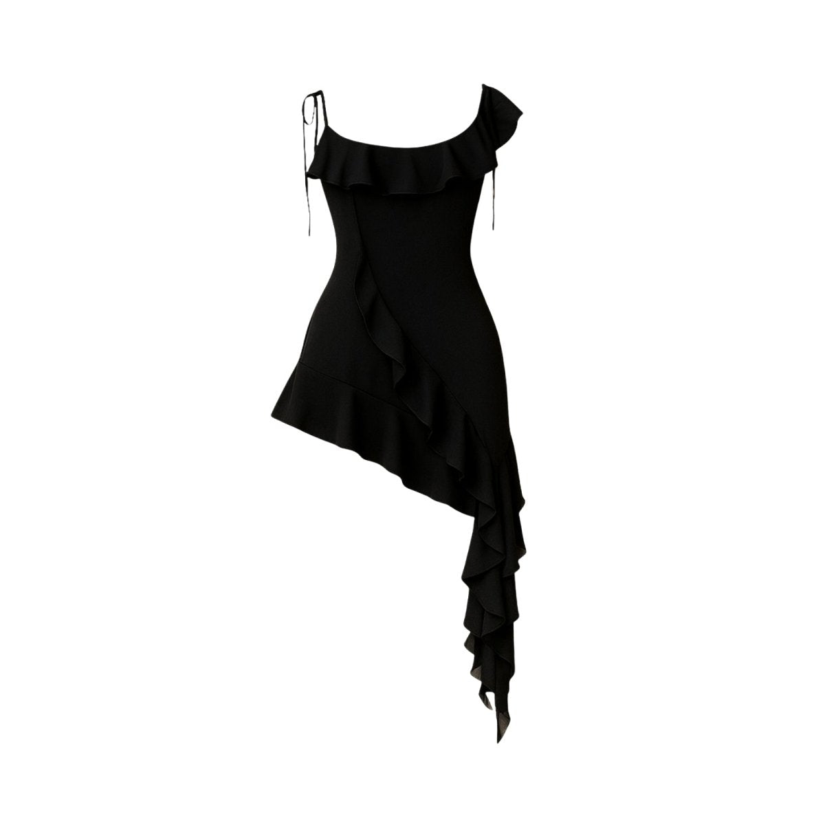 Black kouvr dress with ruffled design on a white background