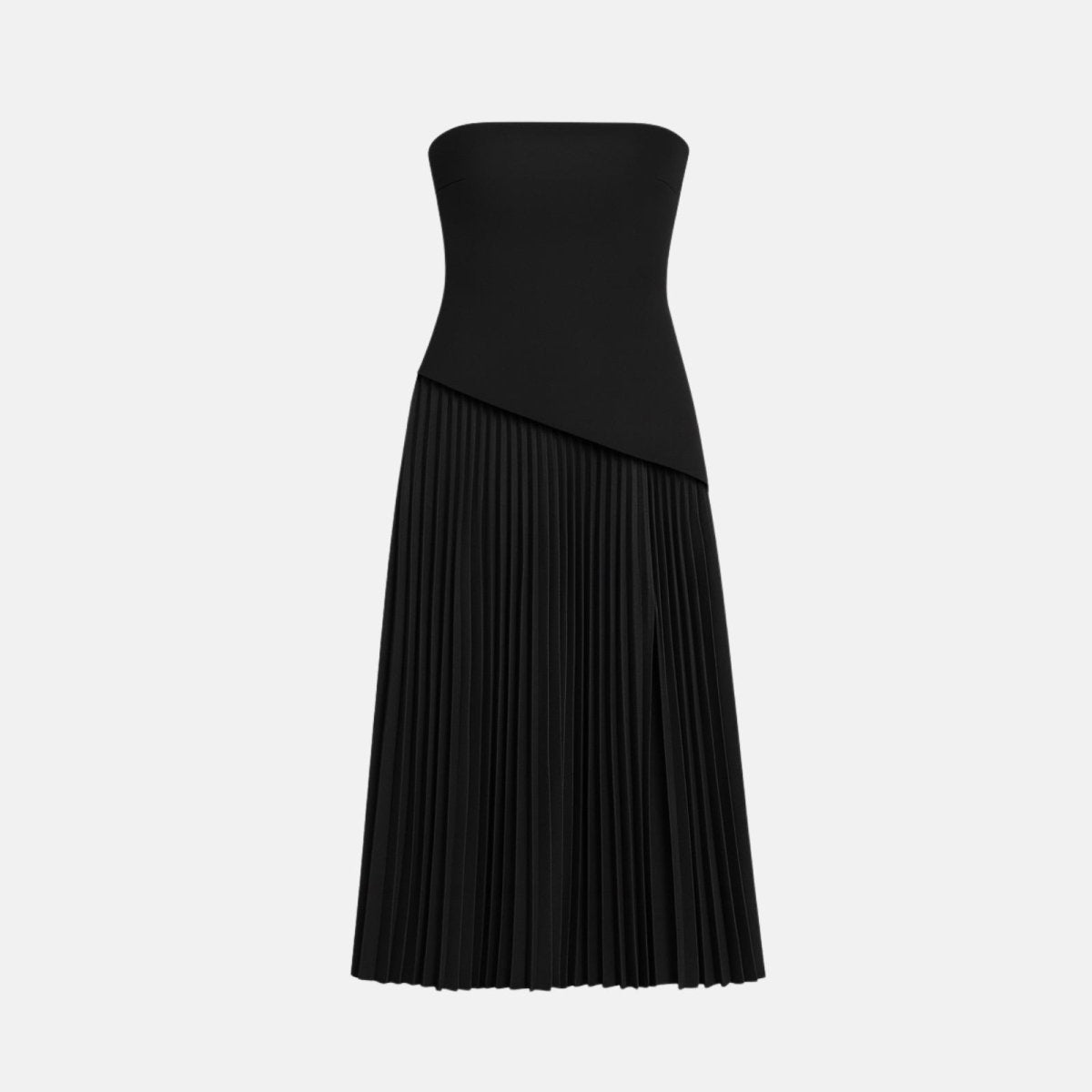 Black strapless dress with pleated skirt on a light gray background