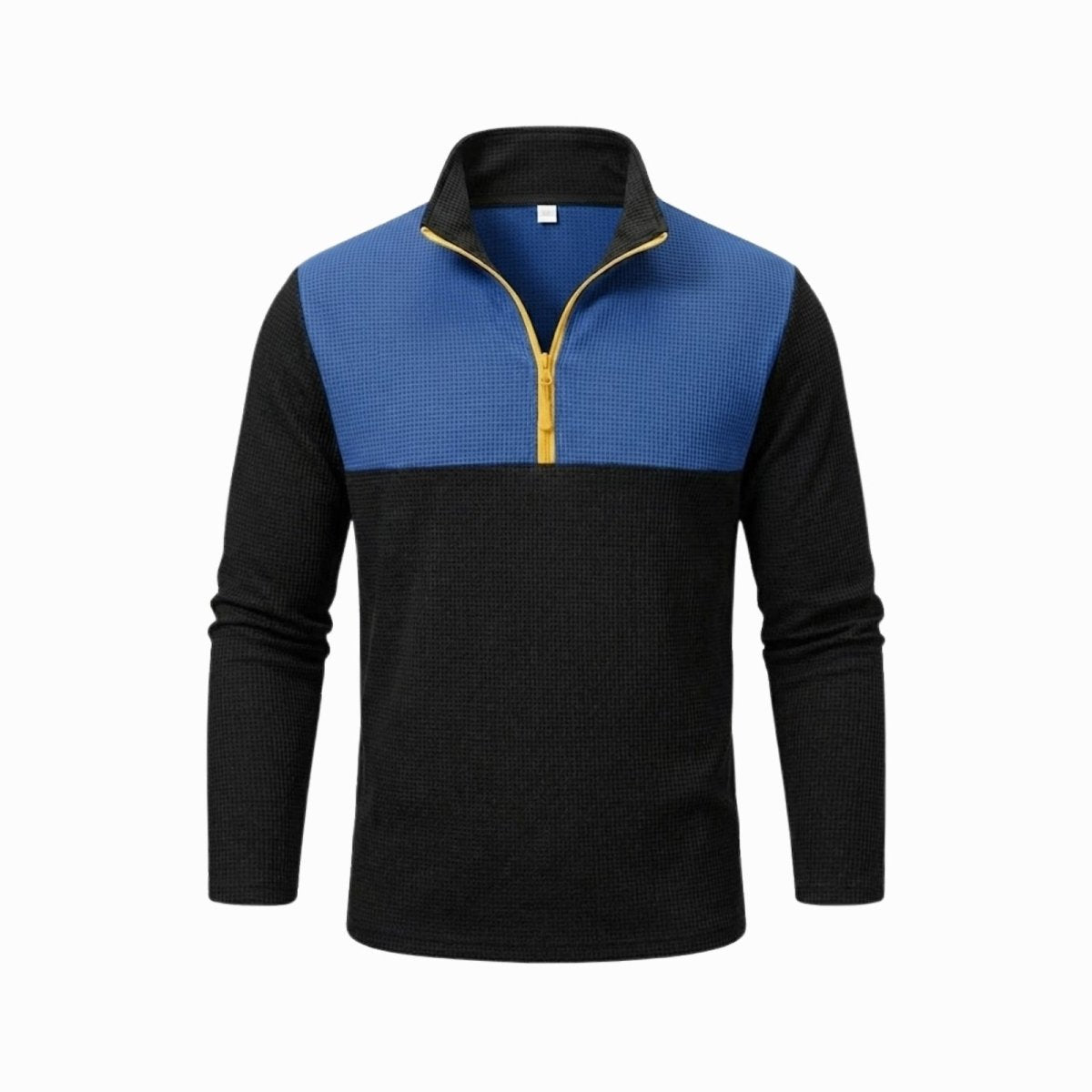 Front view of the Kouvr Fashion men's waffle-knit quarter-zip pullover in blue and black with a yellow zipper.