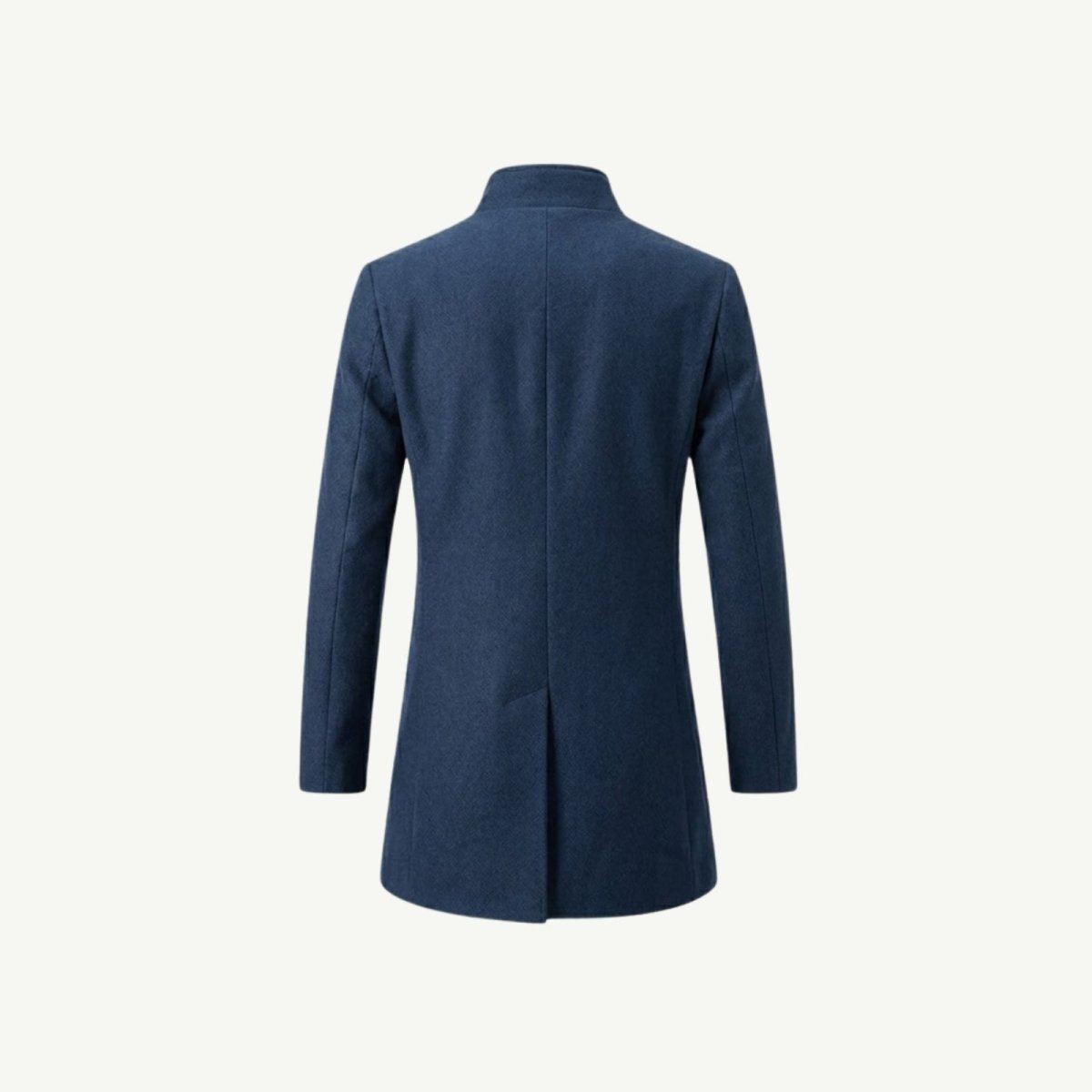 Back product shot of a men's blue mid-length car coat, isolated on a white background.