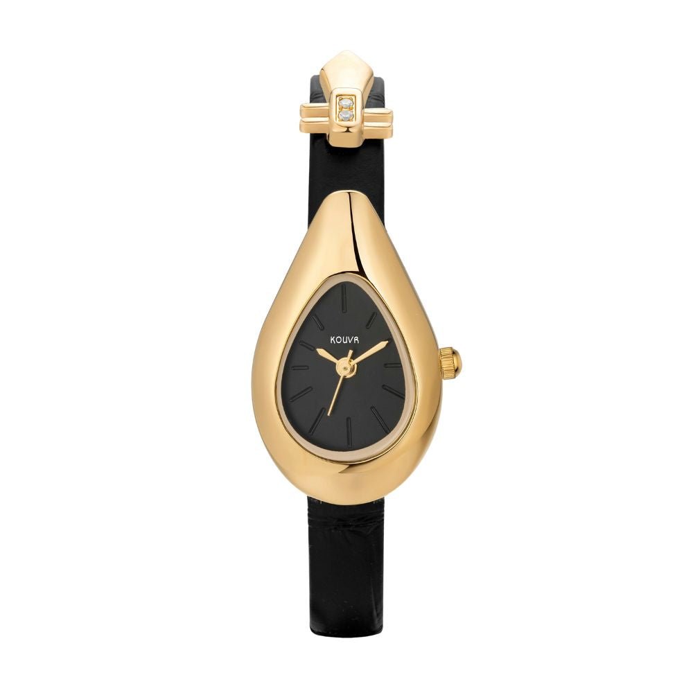 Gold and black kouvr watch with a teardrop design on a white background