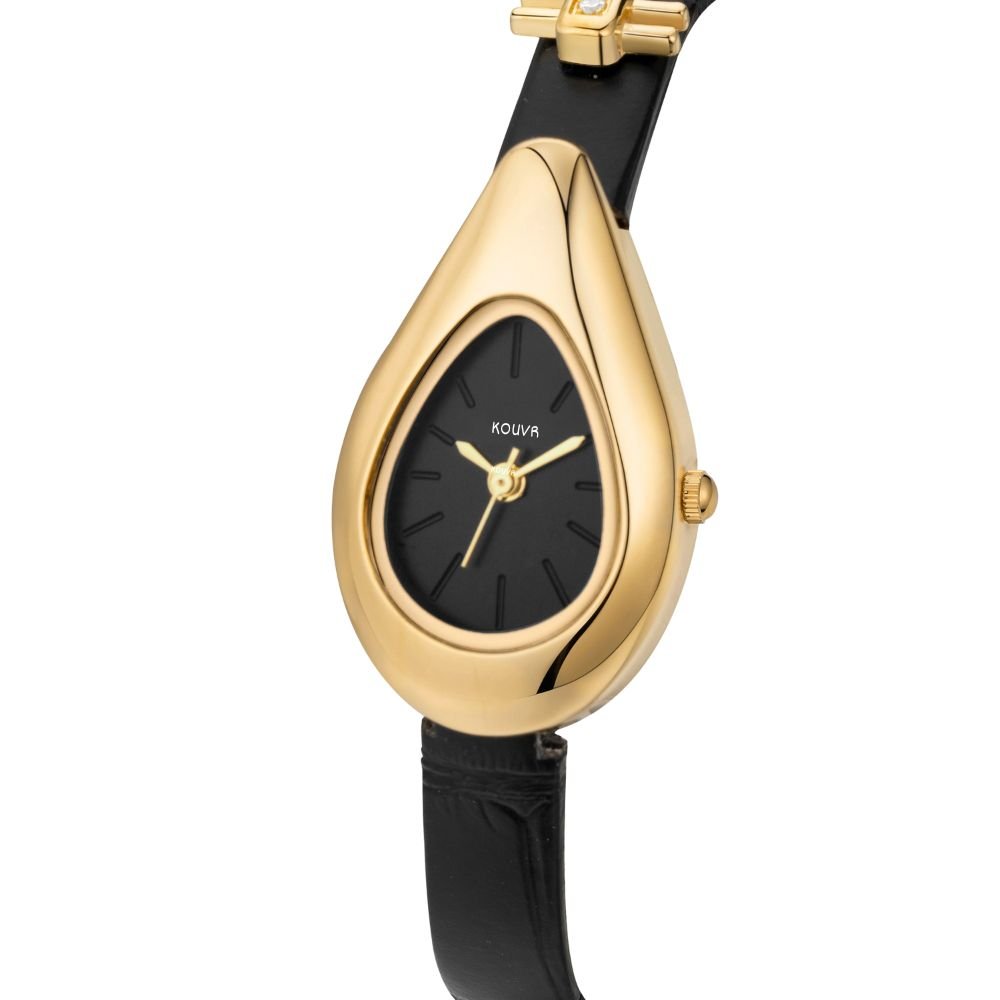 Gold watch with black kouvr face and strap on a white background