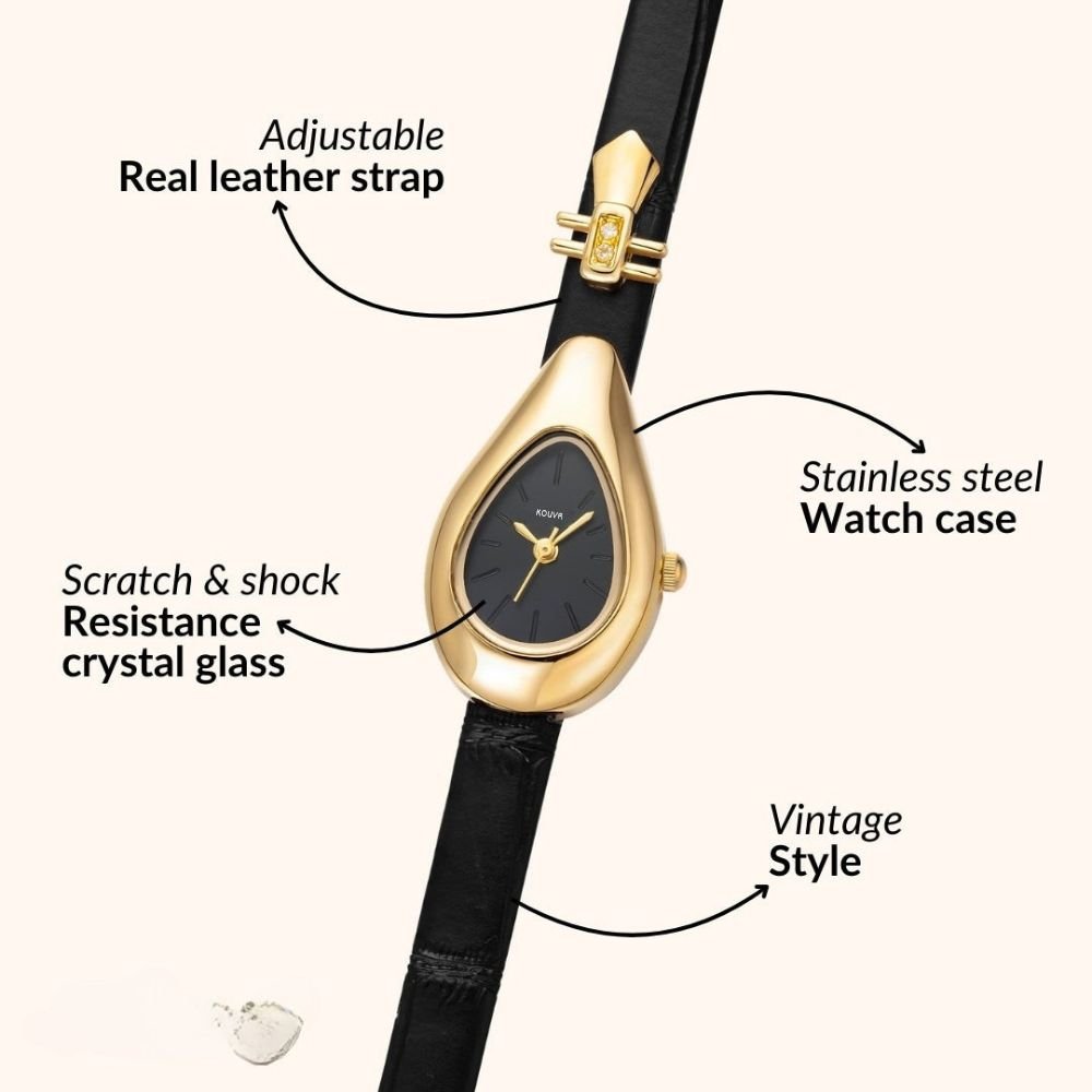 Gold watch with black kouvr strap and features labeled on a white background