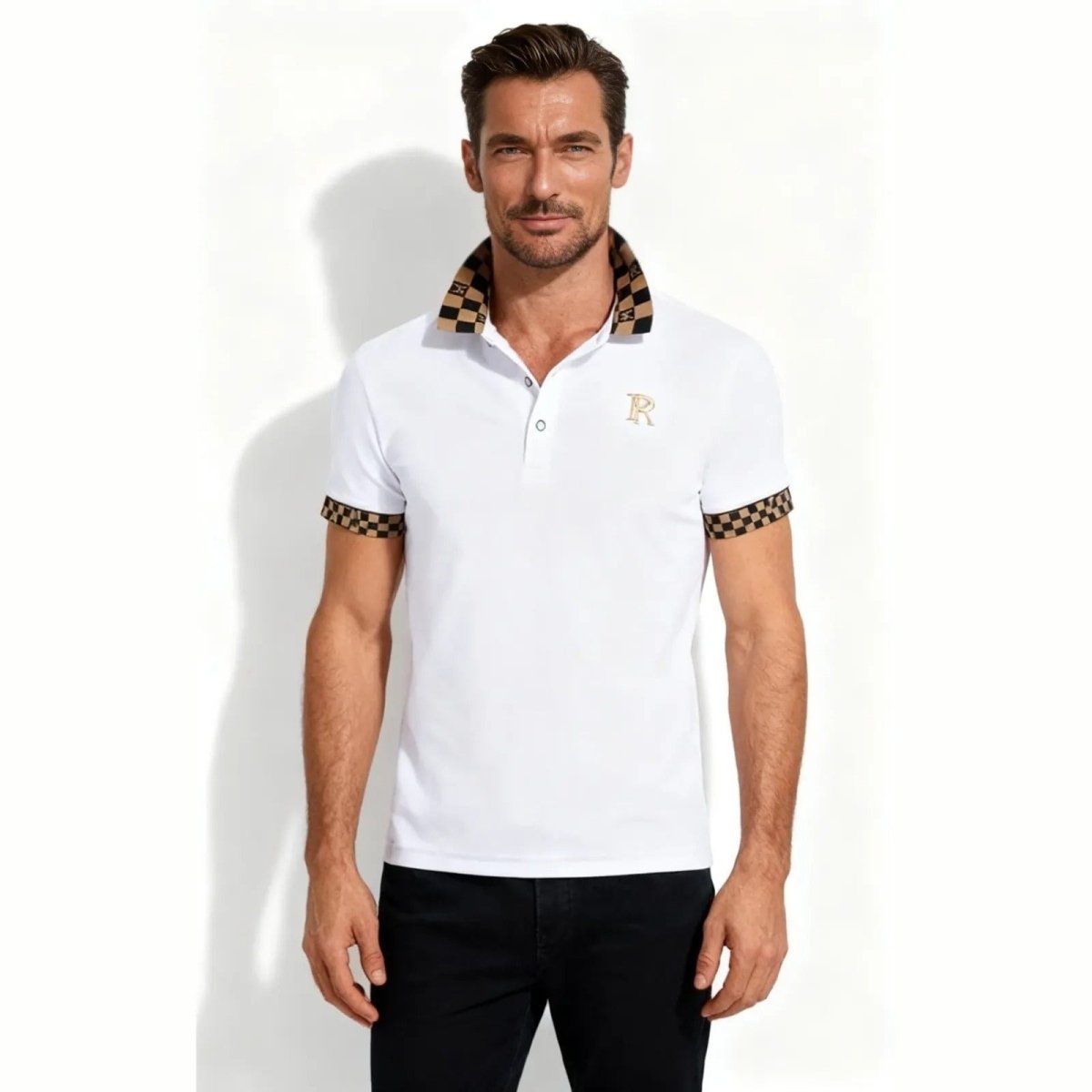 Male model wearing the Kouvr Fashion white luxury polo shirt with a brown and black checkered collar, front view against a white background.