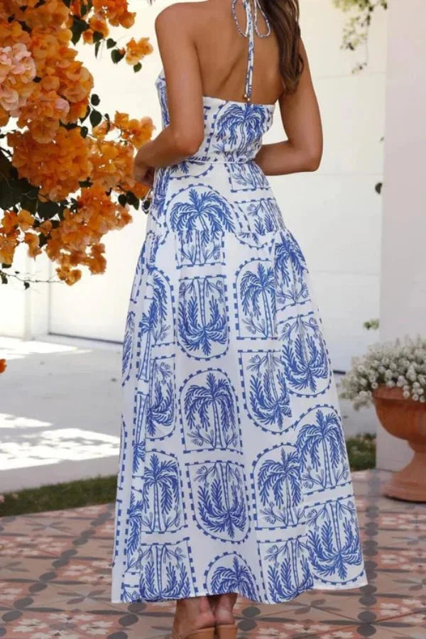 Mediterranean dress, tile print, halter gown, ankle-length, breathable cotton, wedding guest outfit