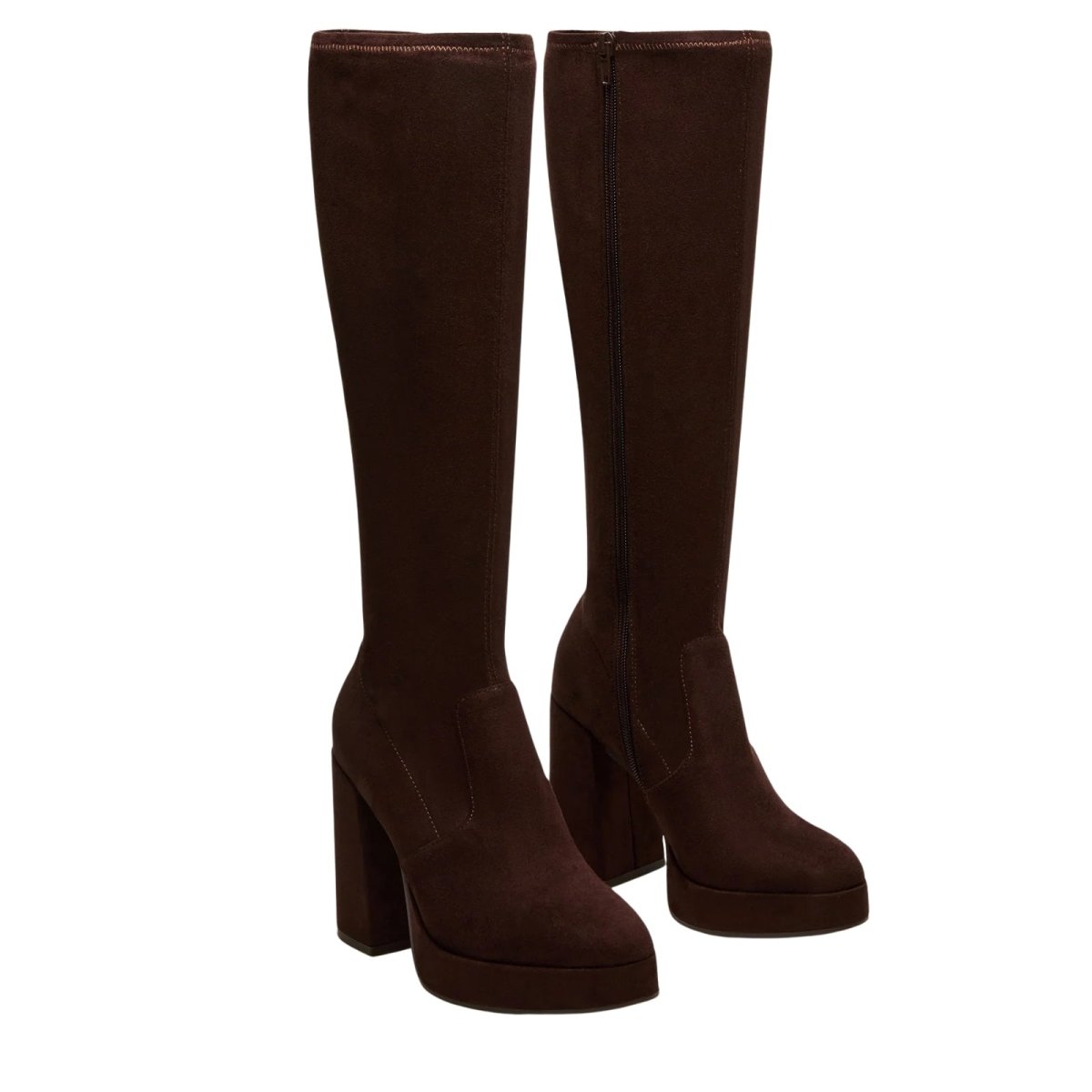 Pair of brown Kouvr knee-high boots on a white background