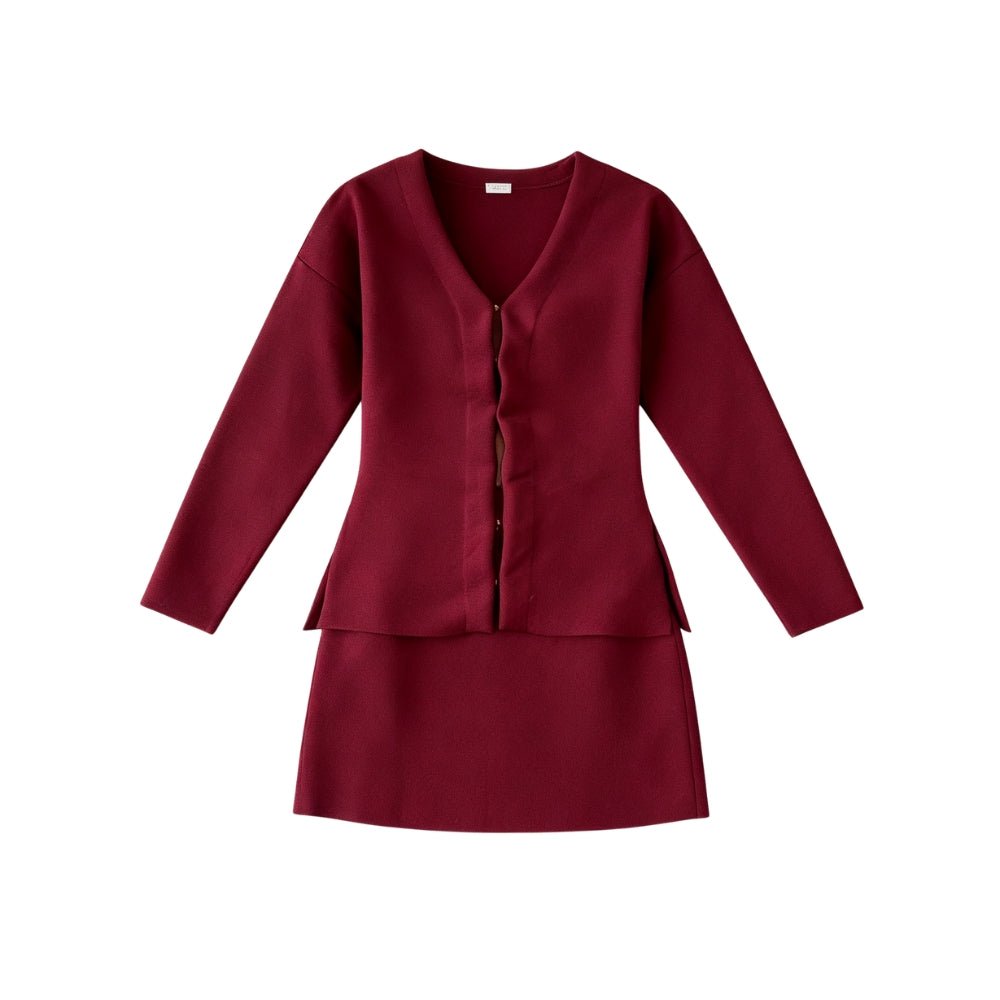 Burgundy Kouvr two-piece outfit with a jacket and skirt on a white background