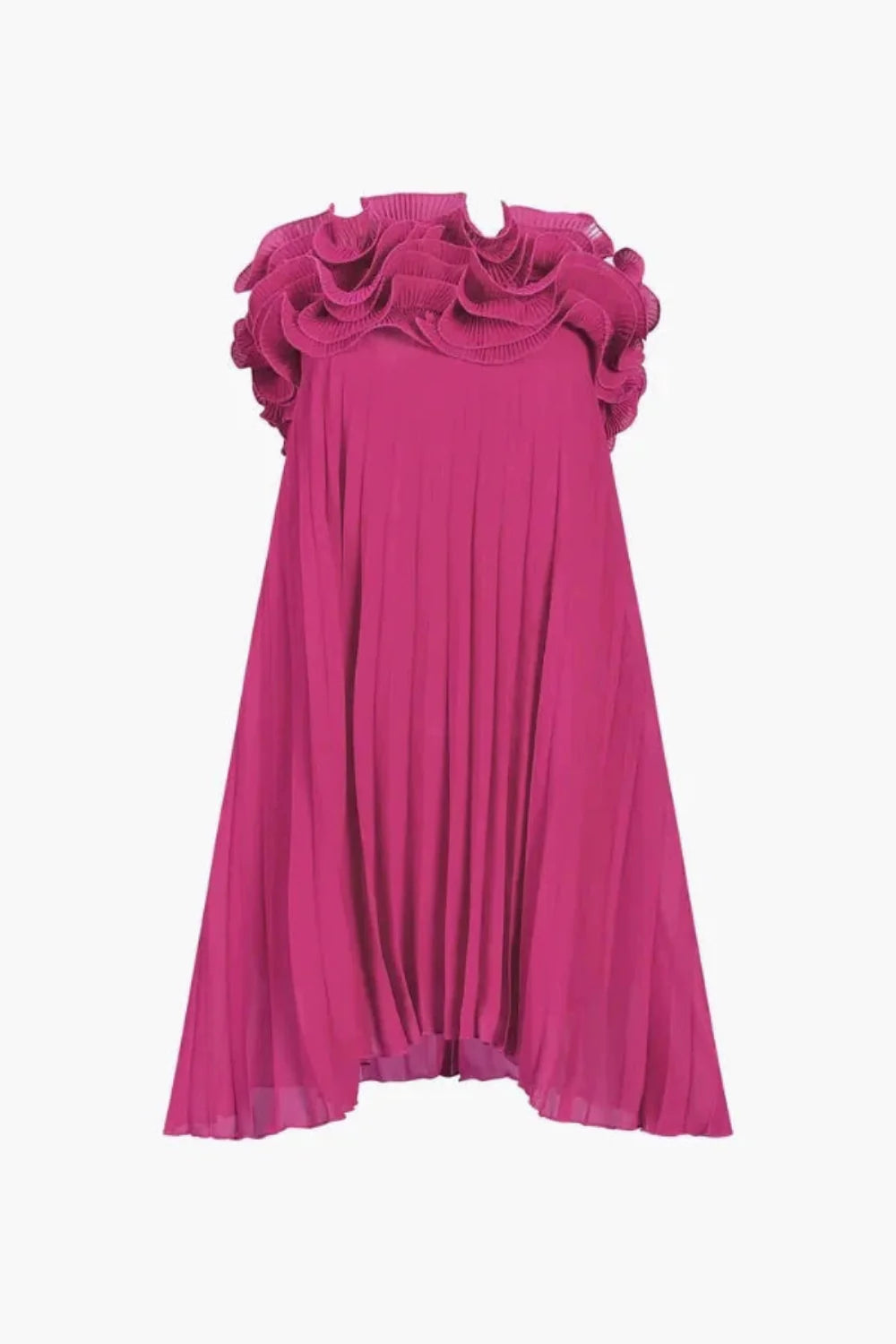 Model wearing the Kouvr Fashion Chitty Pink Ruffle Strapless Mini Dress