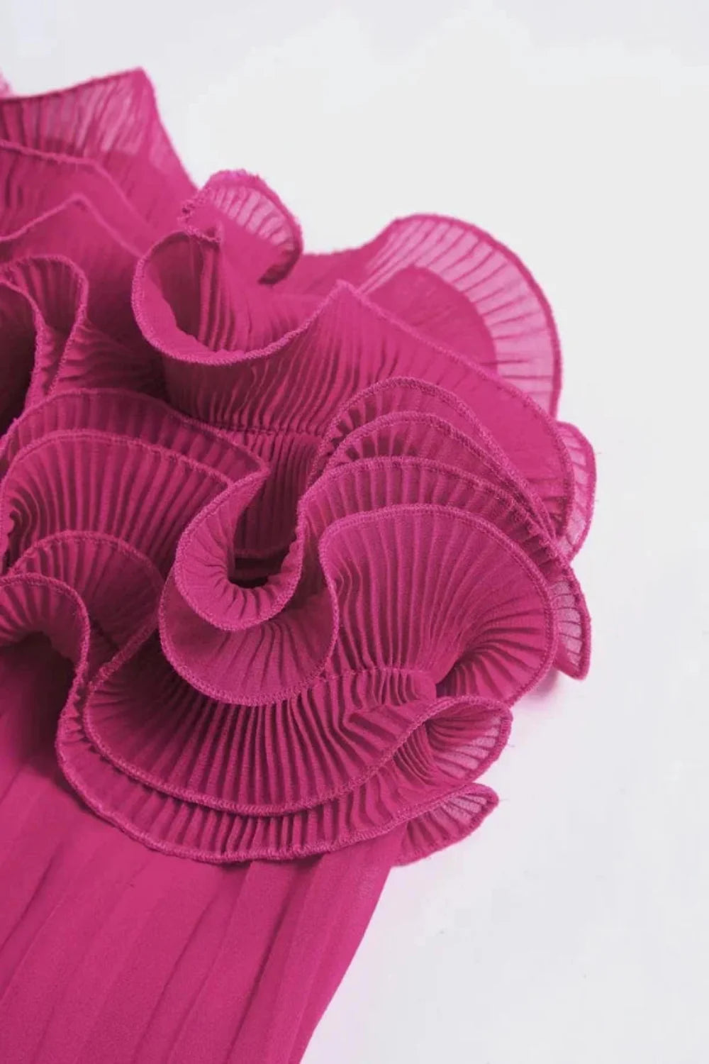 Model wearing the Kouvr Fashion Chitty Pink Ruffle Strapless Mini Dress