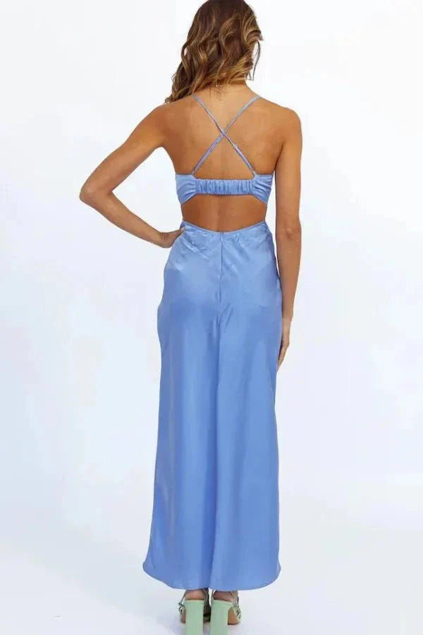 Model wearing the Kouvr Fashion Clamille open-back satin maxi dress in cornflower blue