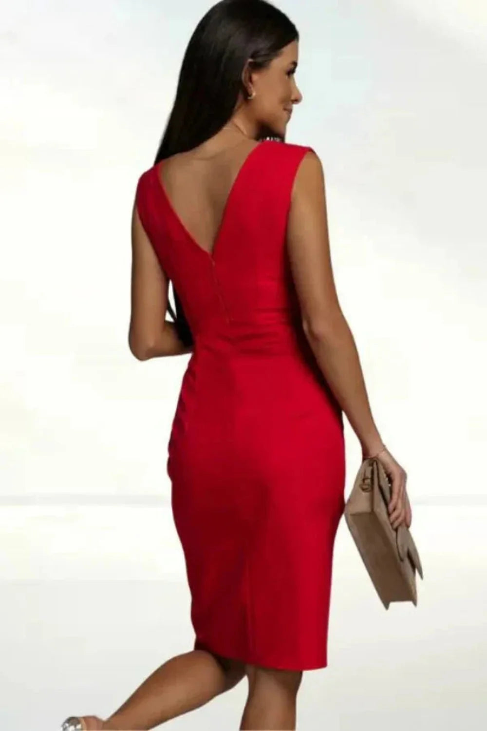 Woman wearing Kouvr Fashion's red Clara V-neck cocktail dress, front view