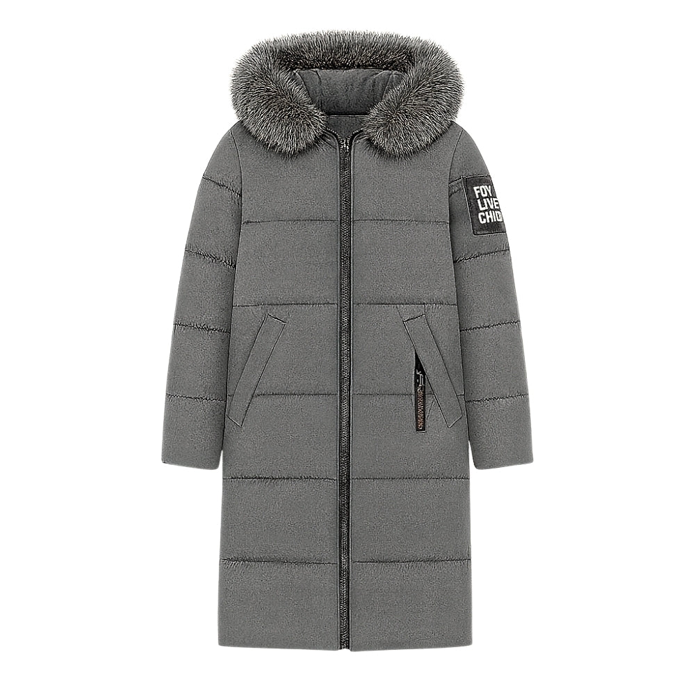 Weave these terms naturally into your product description: quilted outerwear, cold weather essential, urban winter style, heavyweight parka, chic winter fashion, snow-resistant coat
