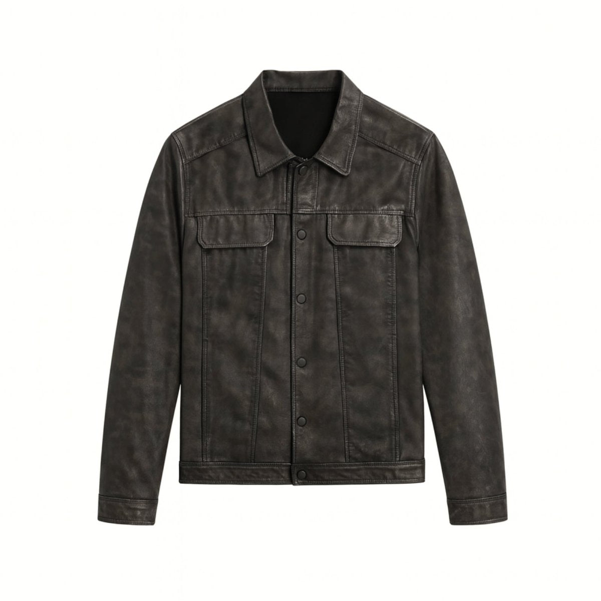 Flat lay product photo of the Kouvr Clinton dark grey leather trucker jacket for men.