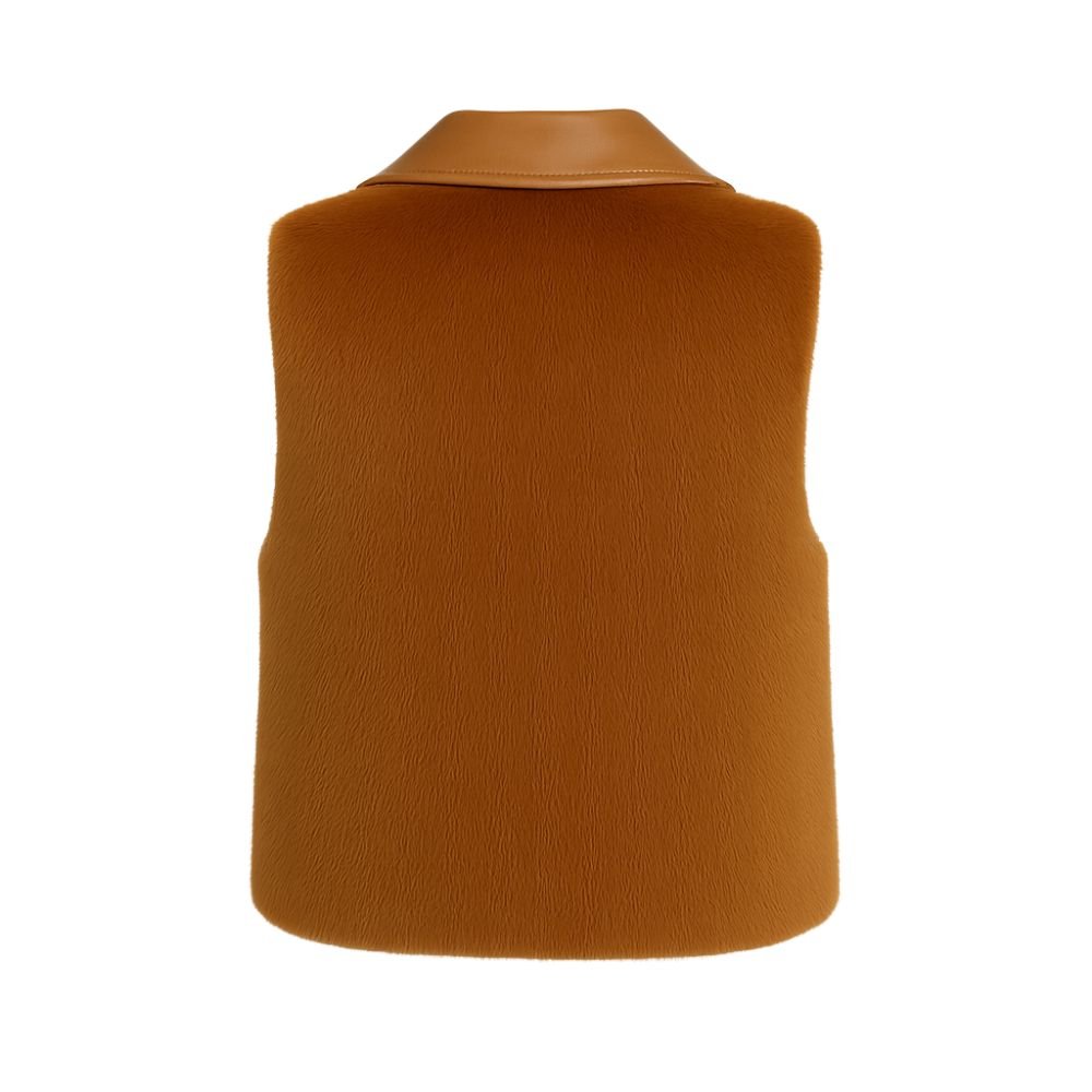 Kouvr Fashion Women's Cognac Brown Leather and Fox Fur Vest with Statement Pockets.