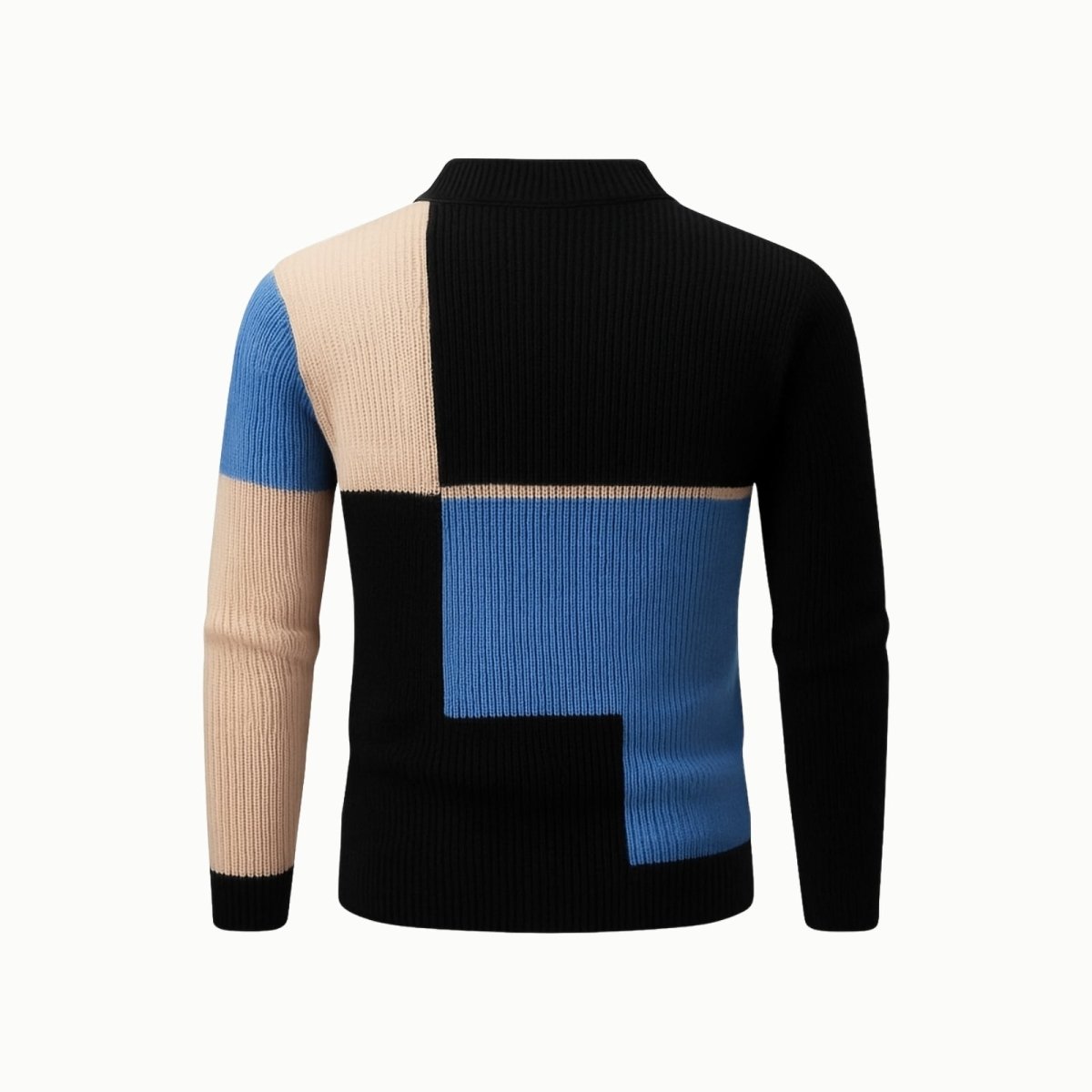 Back view of the Kouvr Fashion men's color block turtleneck sweater laid flat on a white background.