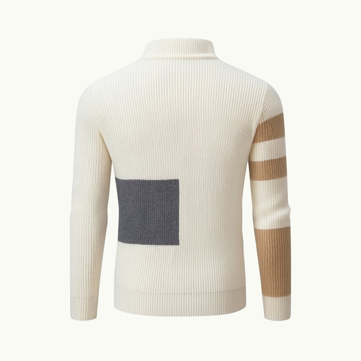 Product flatlay of the back of the Kouvr Fashion men's modernist geometric ribbed knit sweater showing the rear design details.