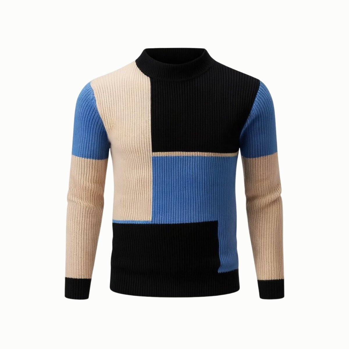 Front view of the Kouvr Fashion men's color block turtleneck sweater laid flat on a white background.