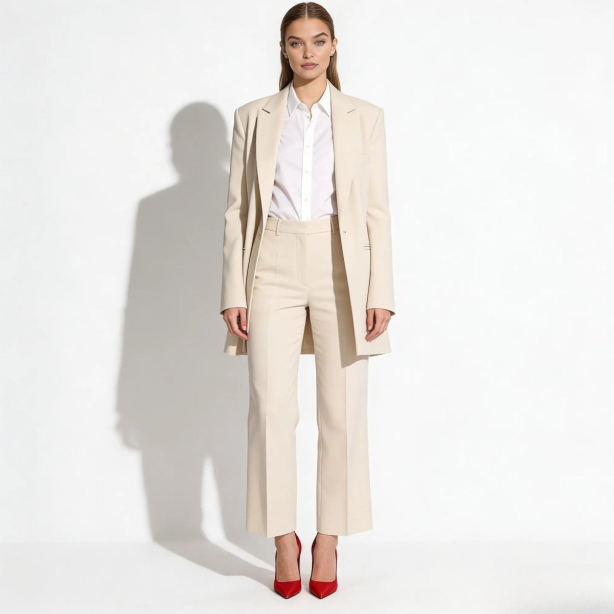 Model wearing the Kouvr Fashion women's cream power suit set, including a longline single-breasted blazer and high-waisted straight leg trousers, styled with red heels.
